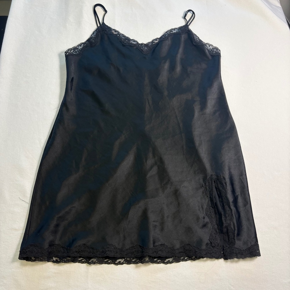 Victoria's Secret, Slip Dress, L, Black, Lace Trim Satin Nightie, MSRP $52